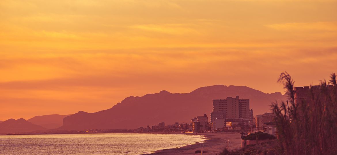 Sunrise Over Sea. View From Gandia Beach, Valencia Spain. Montgo