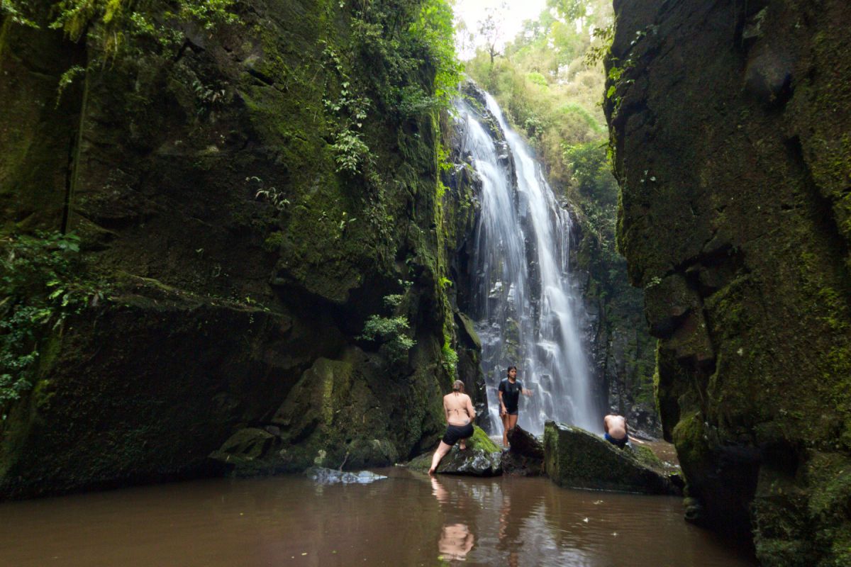 Three people swimming near a waterfall in a canyon